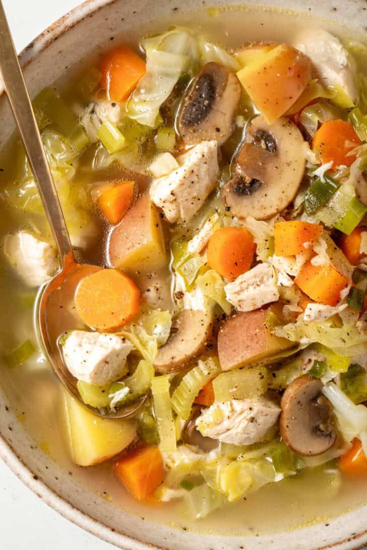 A bowl of chicken and cabbage soup (with chopped carrots, celery, potatoes and mushrooms).
