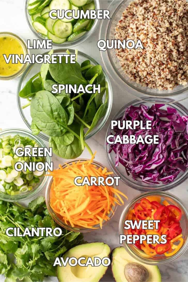 Small glass bowls filled with spinach, grated carrot, sliced purple cabbage, sweet peppers, cucumber and green onion.
