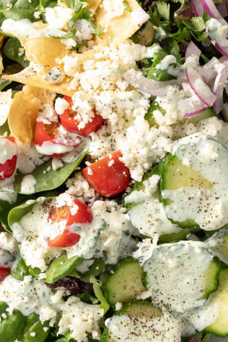 A green salad tossed with a creamy Mexican Salad Dressing.