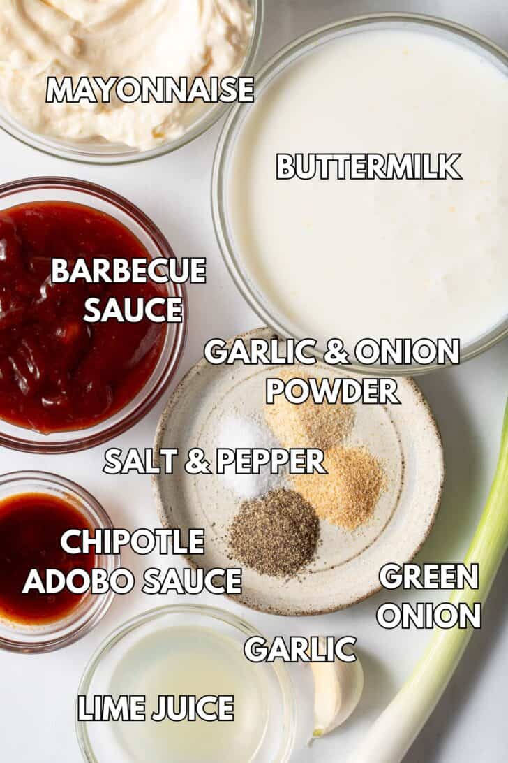 Clear glass bowls filled with mayonnaise, buttermilk, barbecue sauce, chipotle adobo sauce, lim juice and spices.