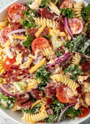 Bacon Ranch Pasta Salad in a bowl.