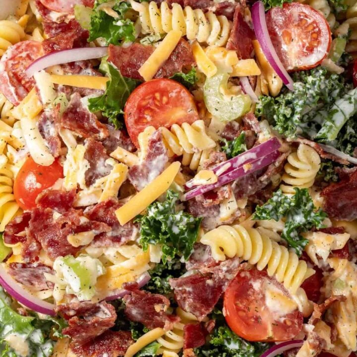 Bacon Ranch Pasta Salad in a bowl.
