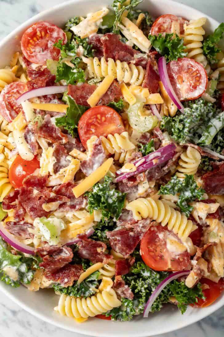 BLT Pasta Salad in a white bowl.