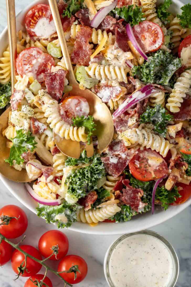 BLT Pasta Salad in a white bowl