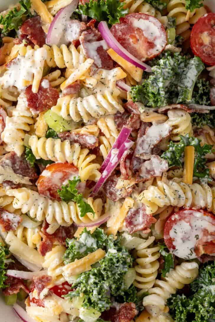 Pasta Salad with Bacon and Ranch in a bowl.