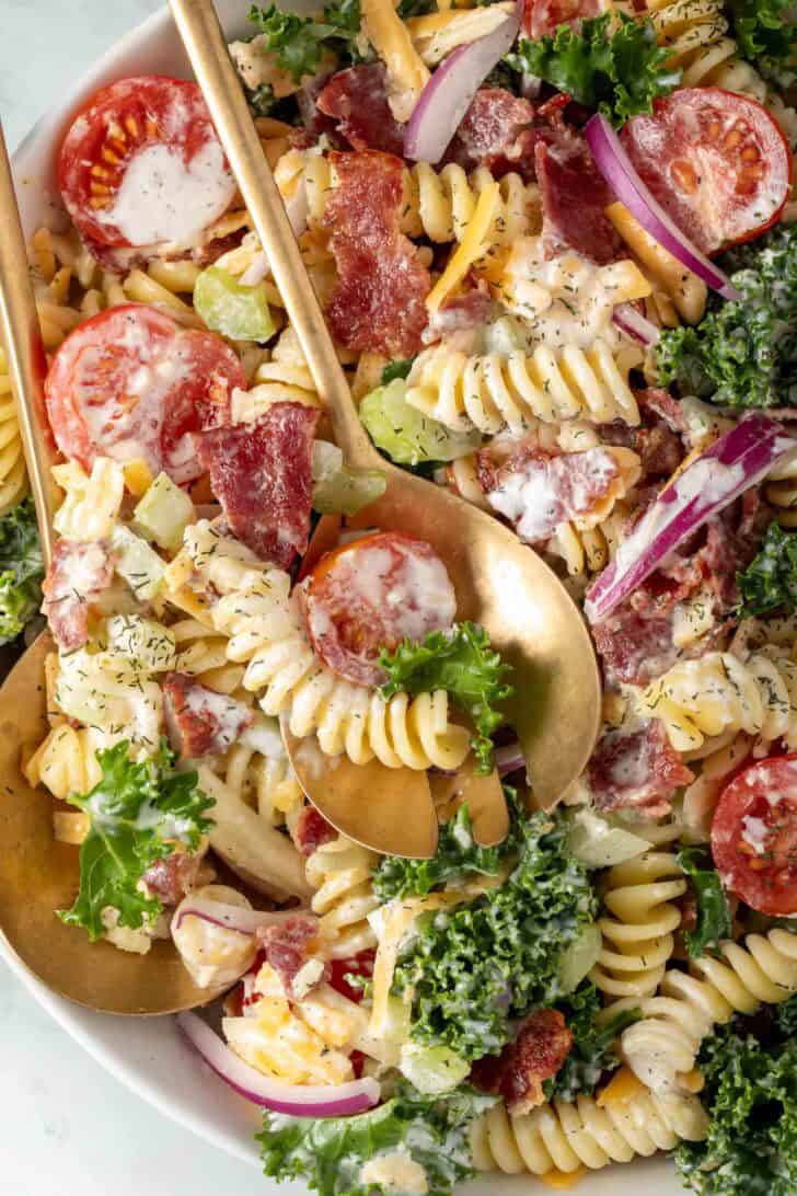 A bowl filled with Bacon Ranch Pasta Salad.