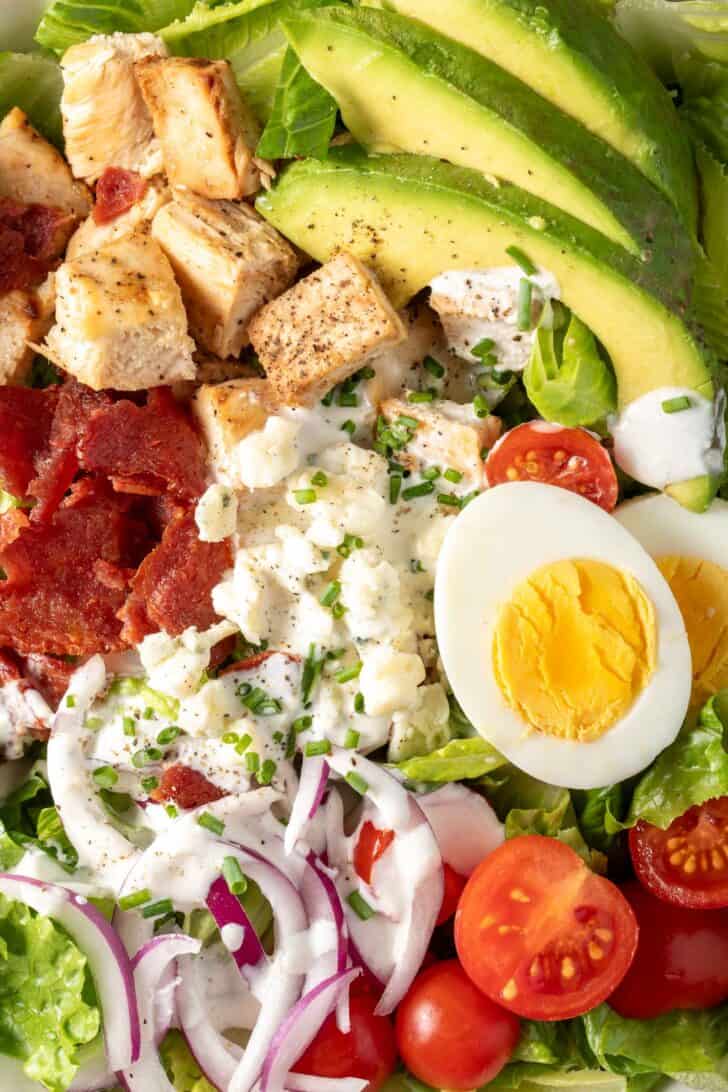 A bowl filled with Chicken Cobb Salad.