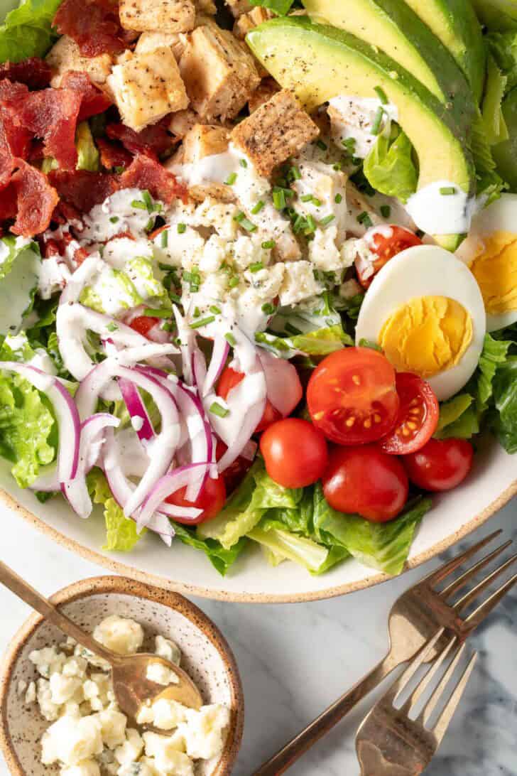 A bowl filled with Chicken Cobb Salad.