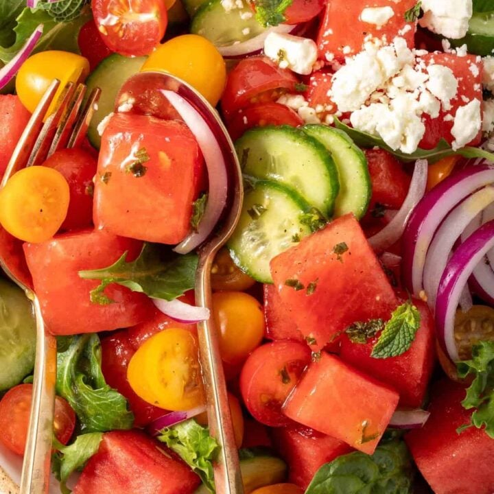 A bowl filled with Watermelon Cucumber Feta Salad.