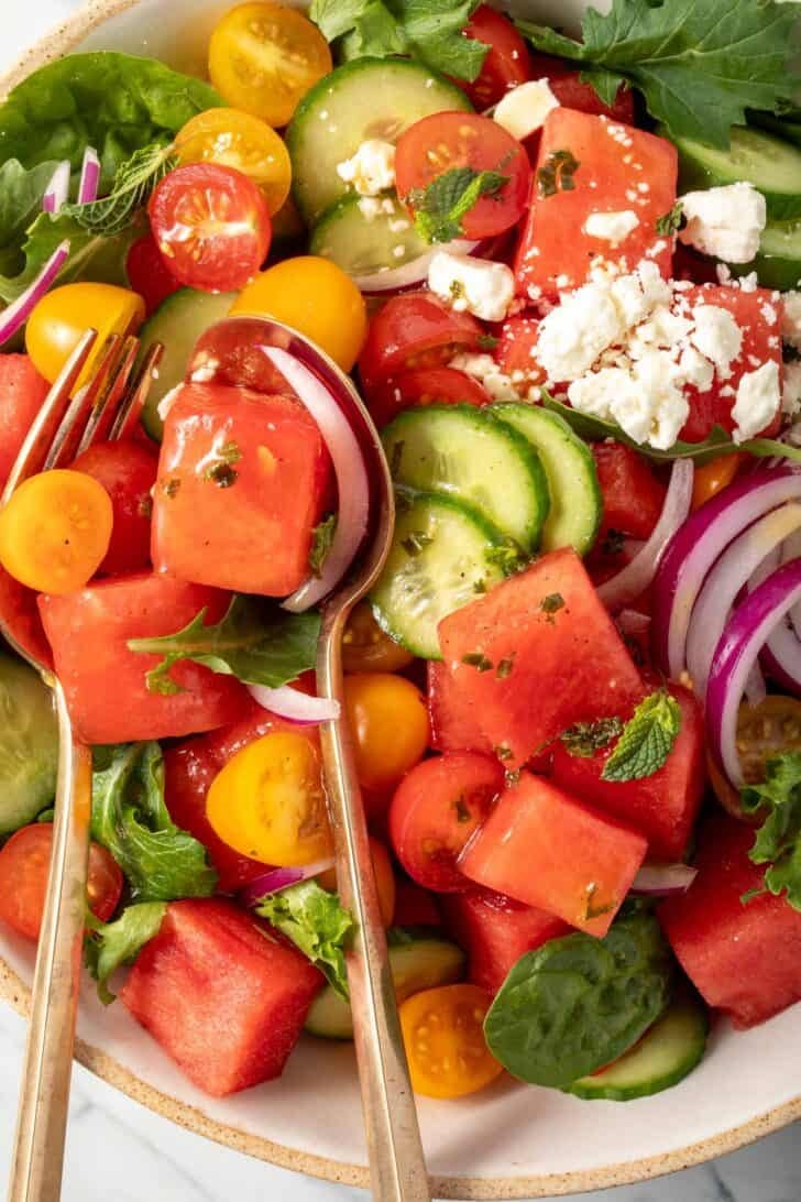 A bowl of Watermelon Cucumber Feta Salad.