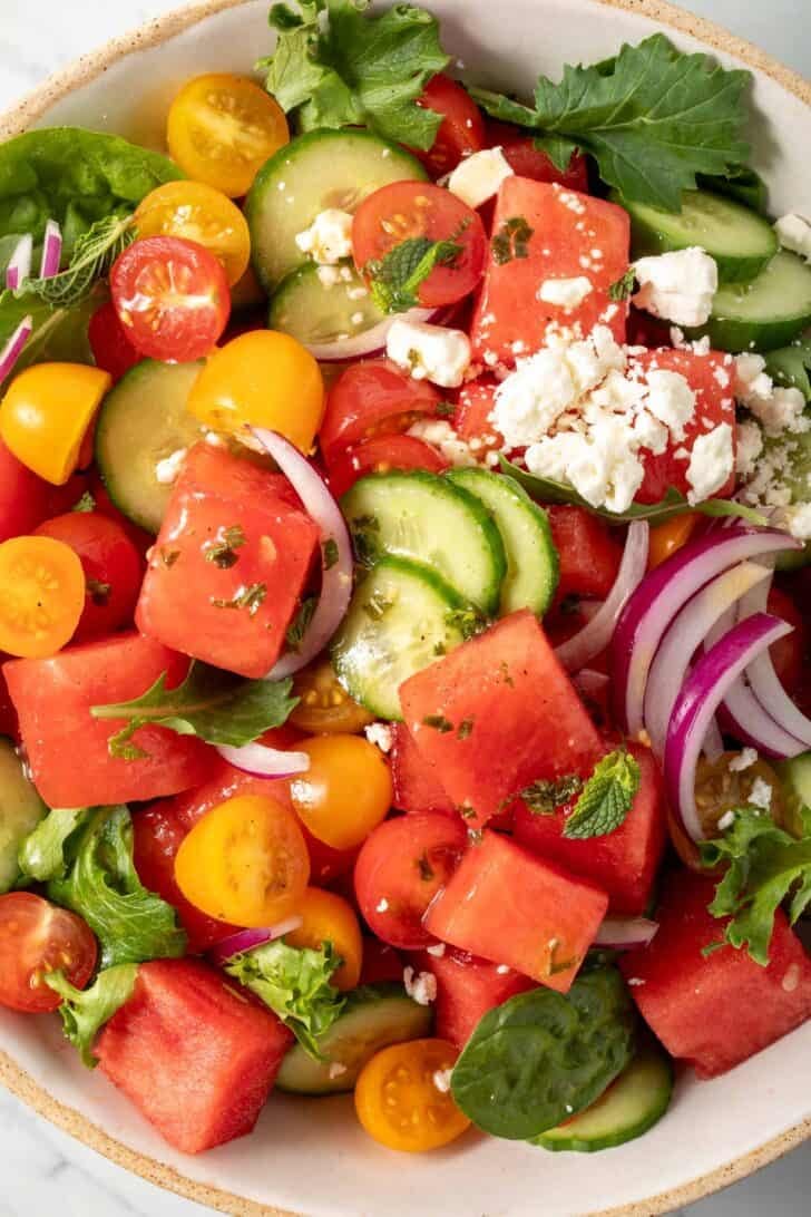 A bowl filled with Watermelon Feta Salad.