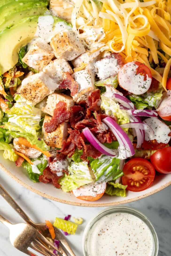 Bacon Cheddar Ranch Chicken Salad in a bowl.