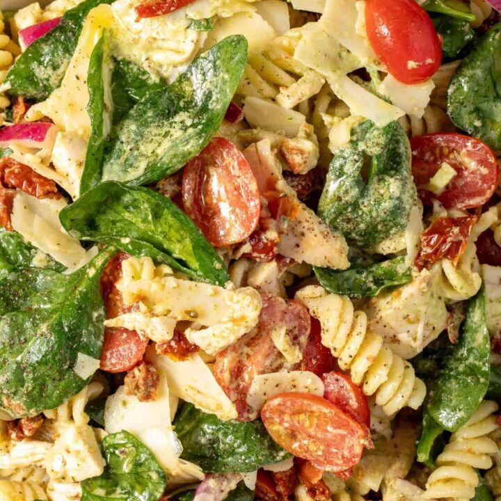 Chicken Pesto Pasta Salad in a bowl.