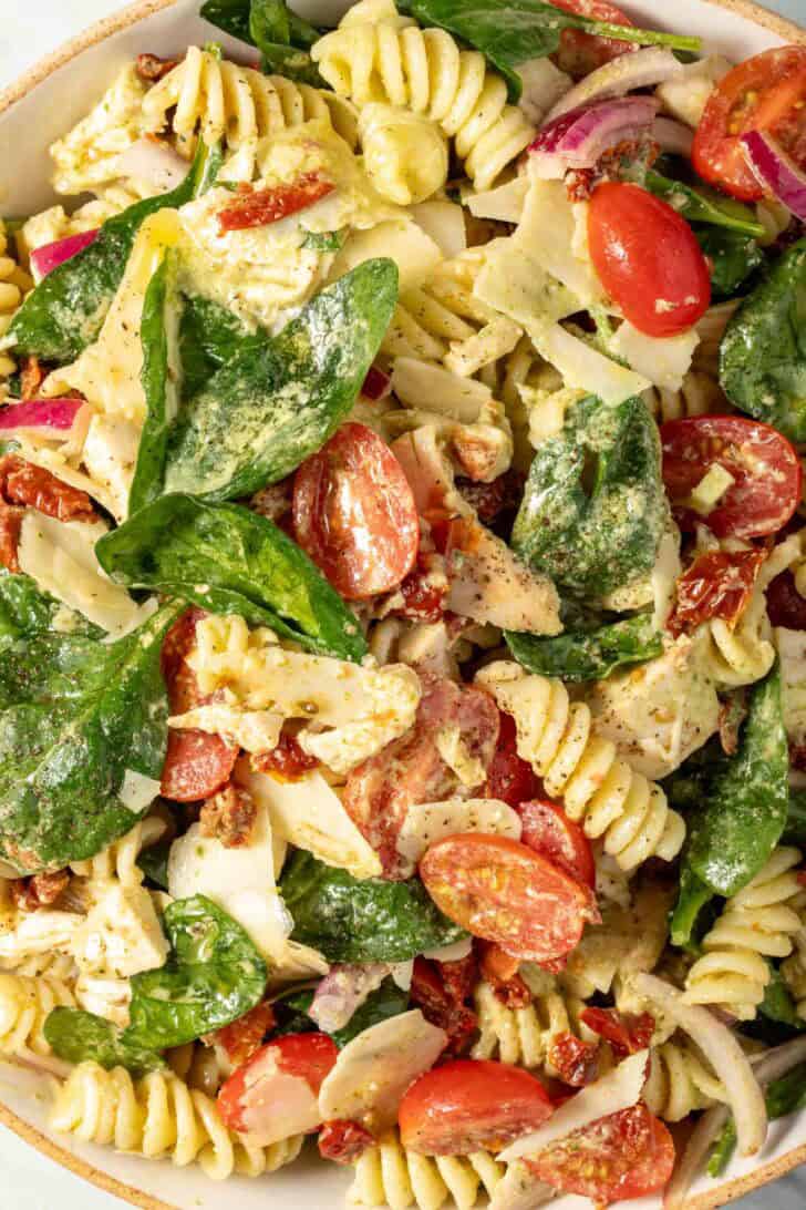 Chicken Pesto Pasta Salad in a bowl.
