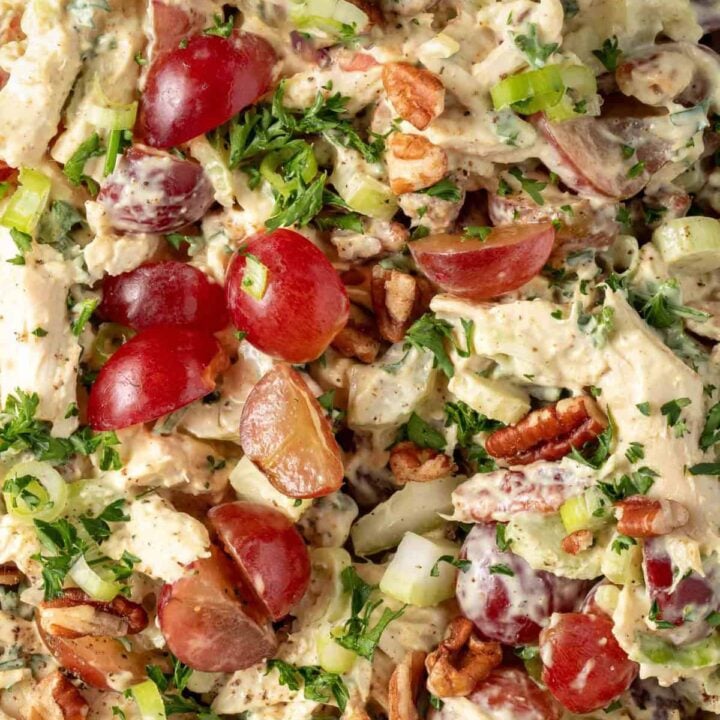 Curried Chicken Salad with grapes in a bowl.