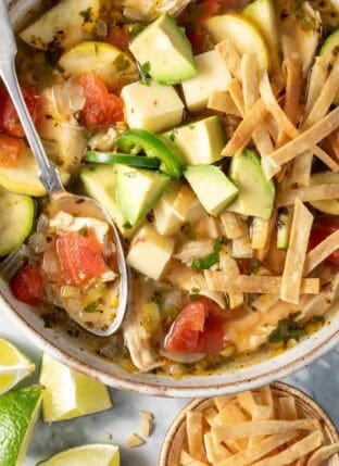 Chicken Tortilla Soup with Zucchini in a bowl.