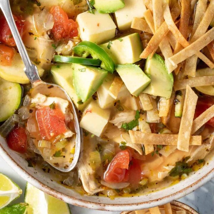Chicken Tortilla Soup with Zucchini in a bowl.