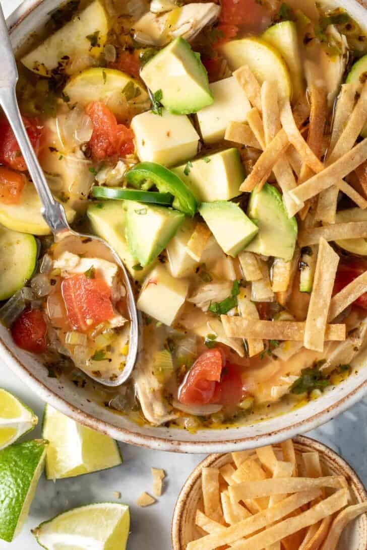 Chicken Tortilla Soup with Zucchini in a bowl.