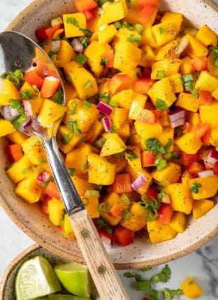 Mango Salsa in a bowl with a spoon.