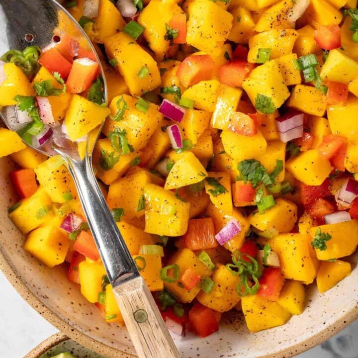 Mango Salsa in a bowl with a spoon.