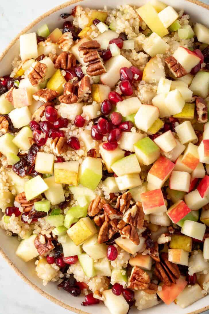Fall Harvest Quinoa Salad with apples and cranberries in a bowl.