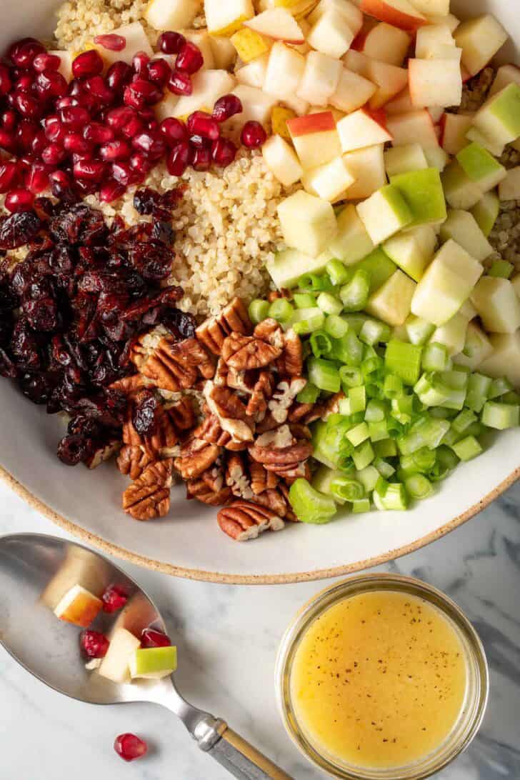 Quinoa salad with apples and cranberries in a white bowl.