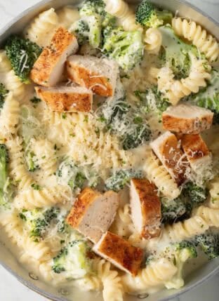 Chicken Broccoli Alfredo in a saucepan.