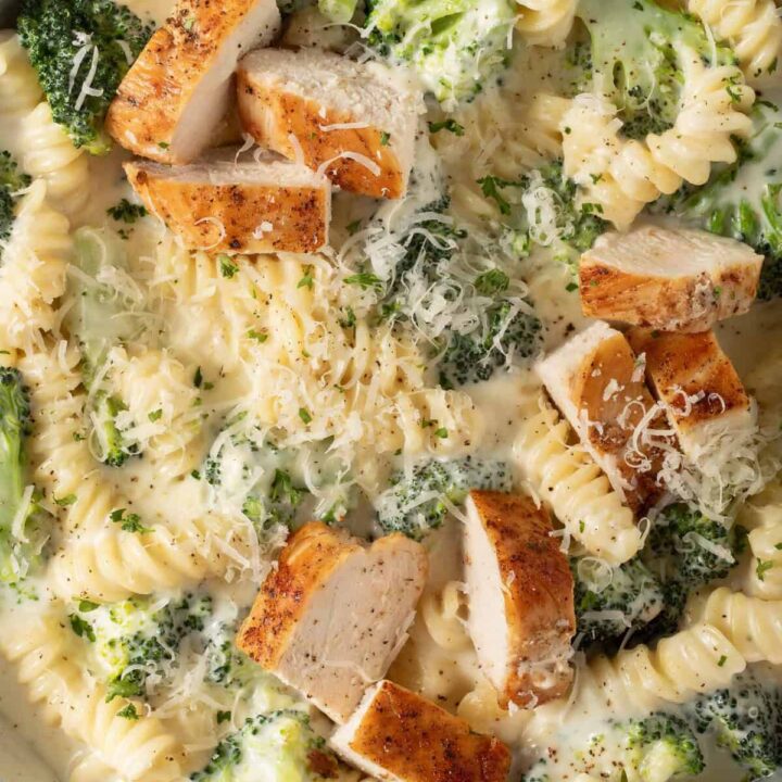 Chicken Broccoli Alfredo in a saucepan.