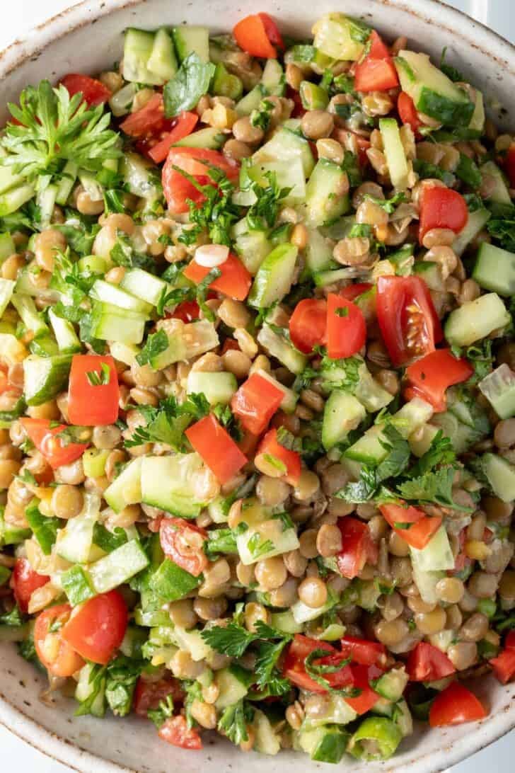Lentil Tabbouleh Salad in a bowl.