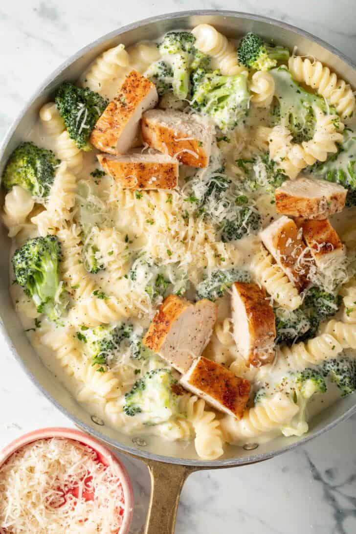 Chicken and Broccoli Alfredo Recipe Chicken and Broccoli Alfredo in a skillet.