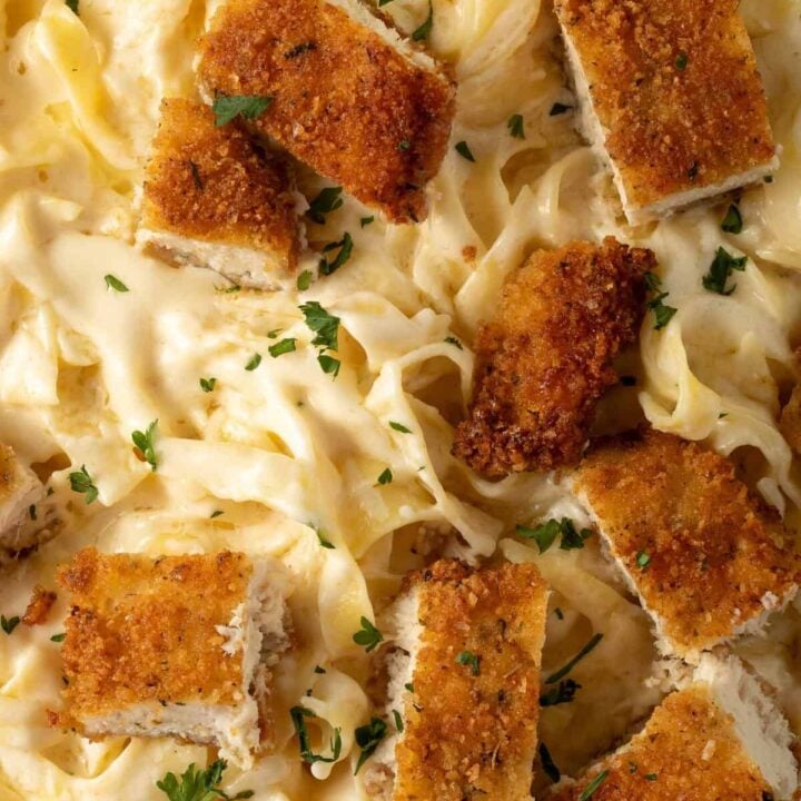 Chicken Fettuccine Alfredo on a plate.