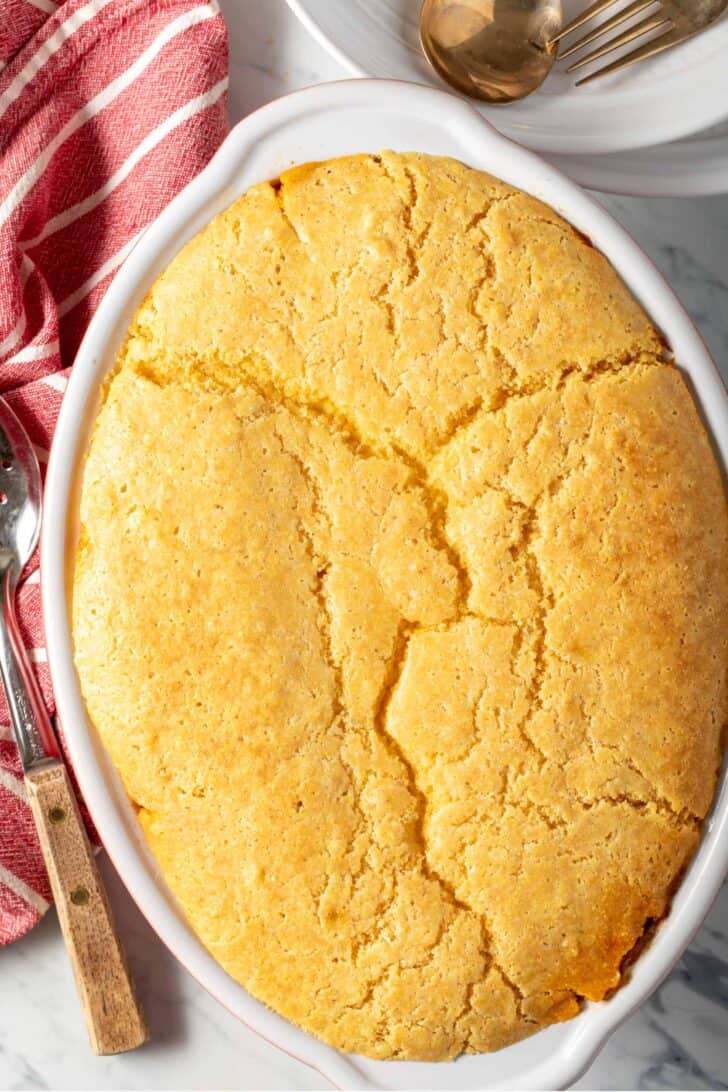 Chili Casserole with Cornbread in a white baking dish.