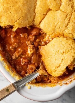 Chili Cornbread Casserole in a white baking dish.