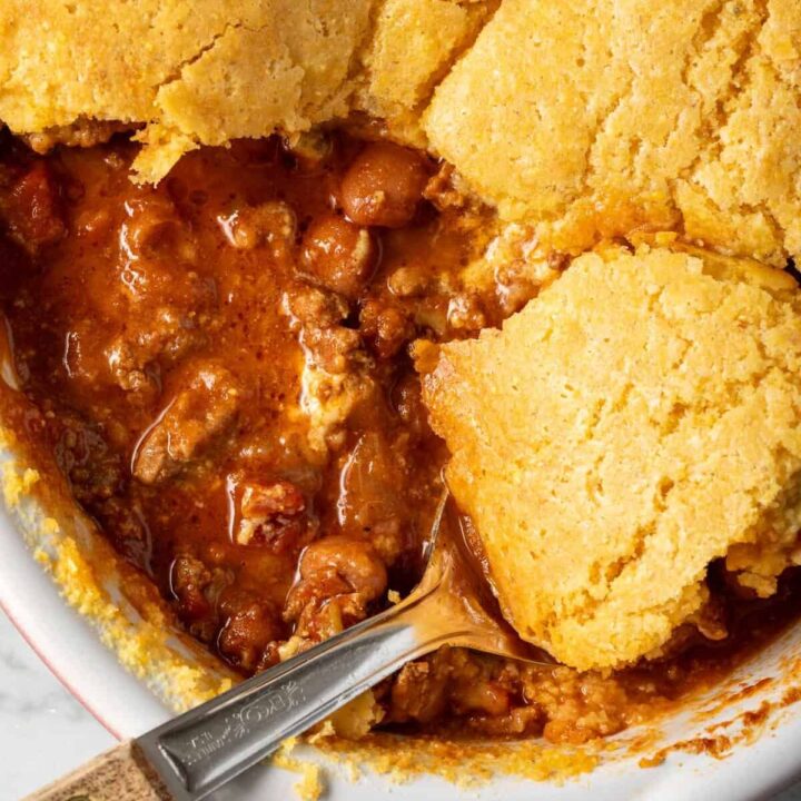 Chili Cornbread Casserole in a white baking dish.