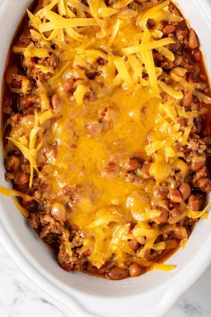 Chili and Cornbread Casserole in a white baking dish.