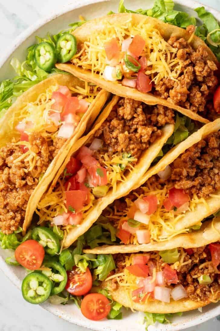 Ground Turkey Tacos on a white plate.