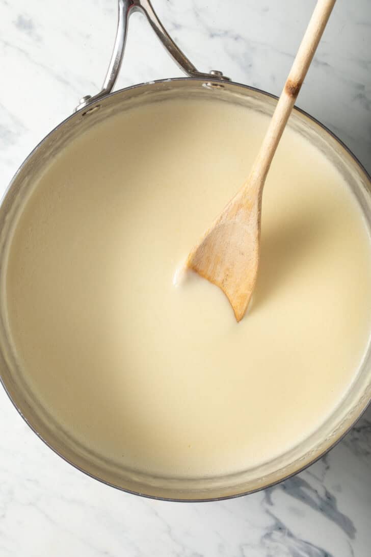 Chicken Broccoli Alfredo Recipe Alfredo Sauce in a Saucepan.