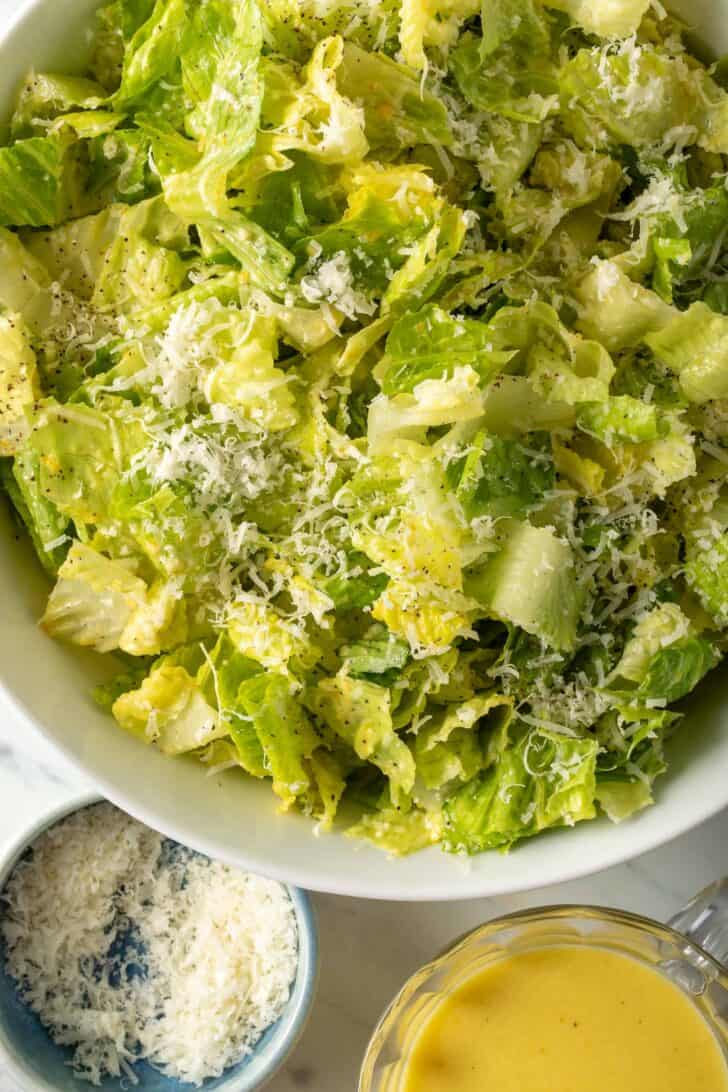 Crunchy Lemon Parmesan Salad in a white bowl.