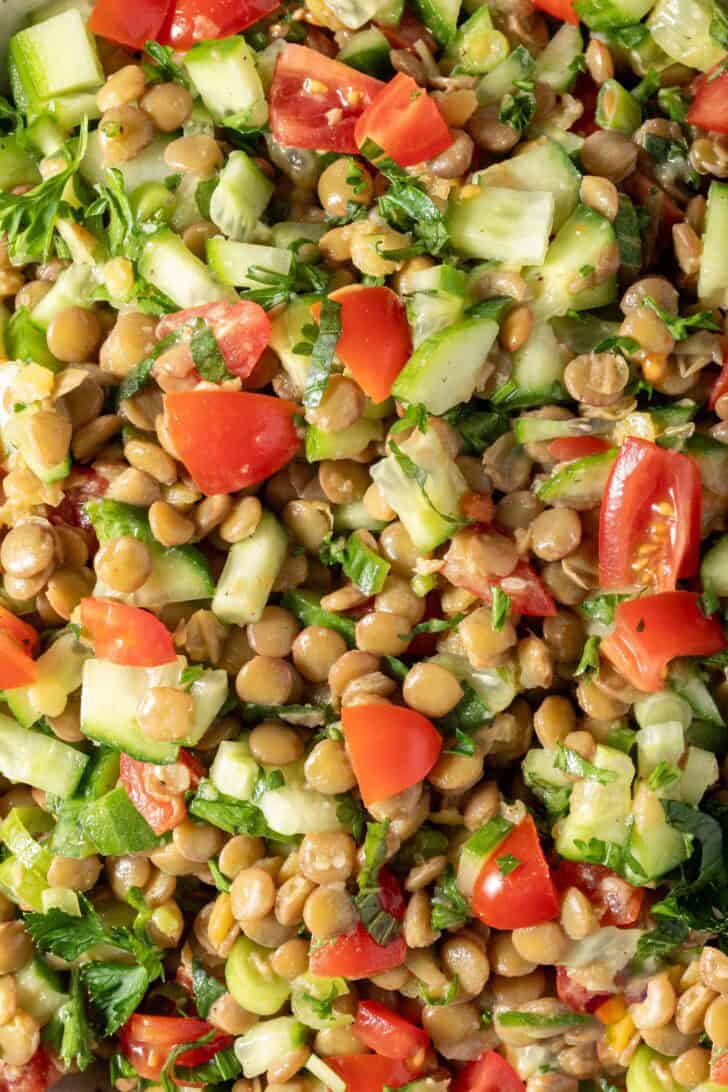 Lentil Tabbouleh Salad in a white bowl.
