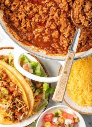 Taco Meat in a white skillet.