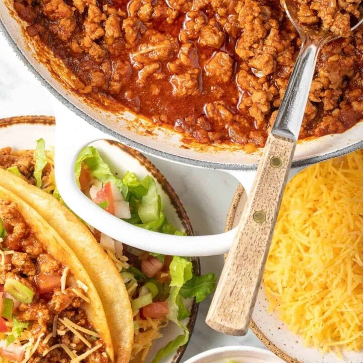 Taco Meat in a white skillet.
