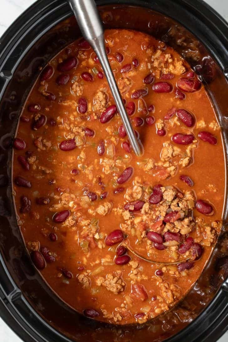 Crock Pot Chili in a black Crock Pot.