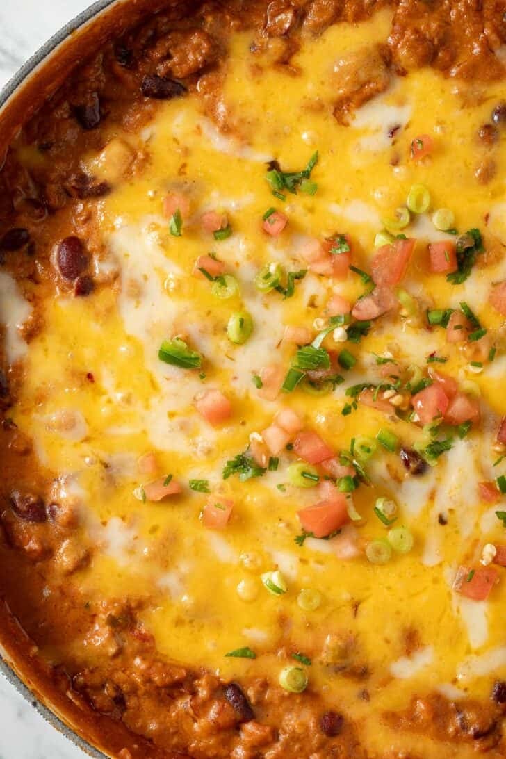 Chili Dip in a white pan.