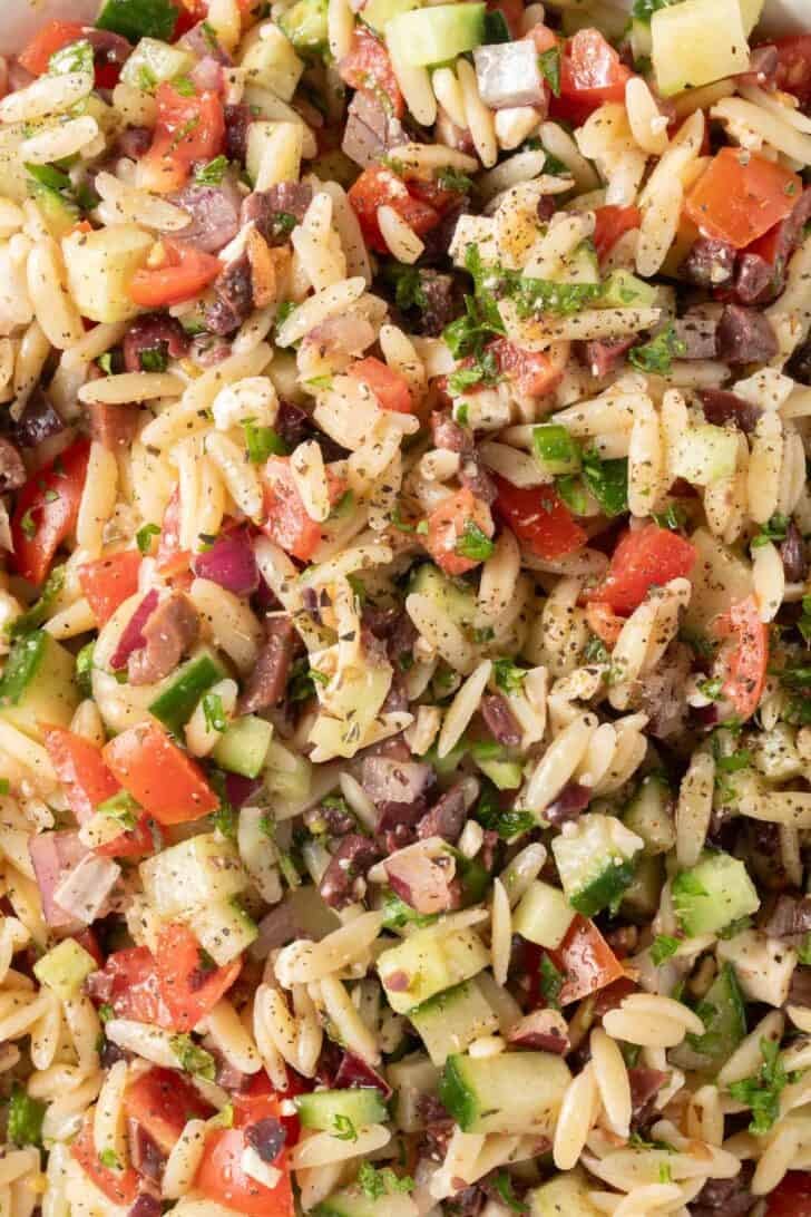 Greek Orzo Pasta Salad Greek Orzo Pasta Salad in a bowl.