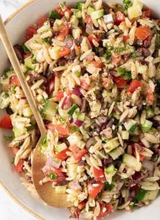 Greek Orzo Pasta Salad in a bowl.