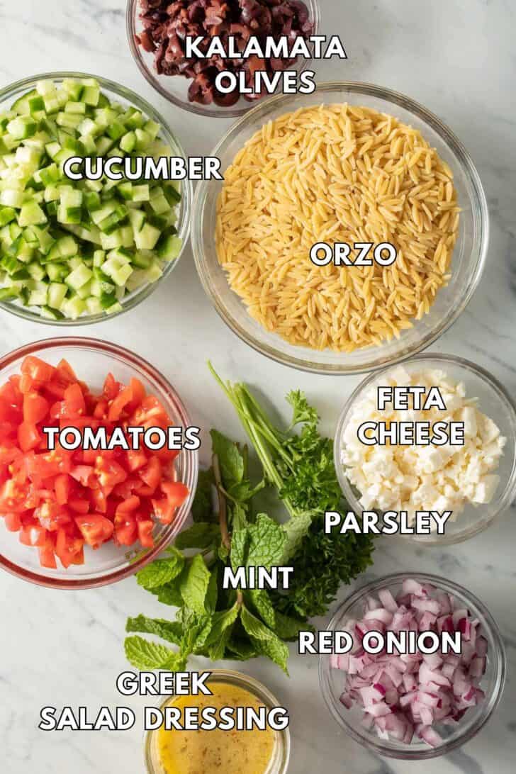 Greek Orzo Salad Recipe Clear glass bowls filled with chopped cucumber, chopped tomatoes, red onion, kalamat olives and orzo.