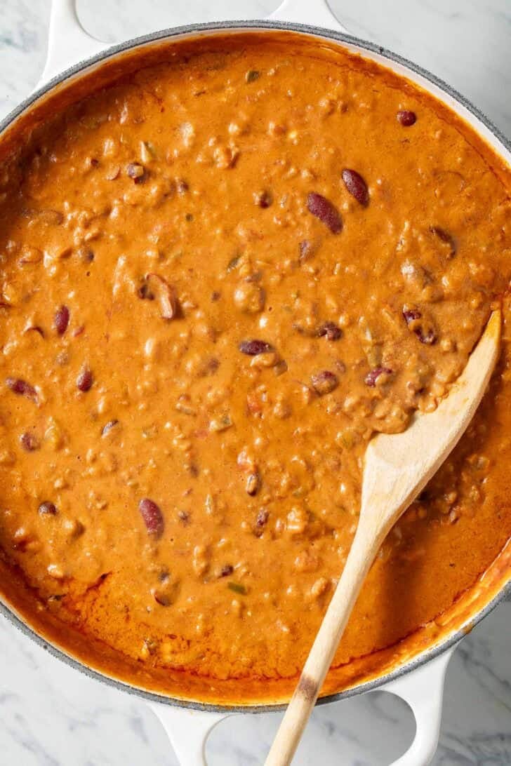 Chili Cheese Dip in a White Pan.