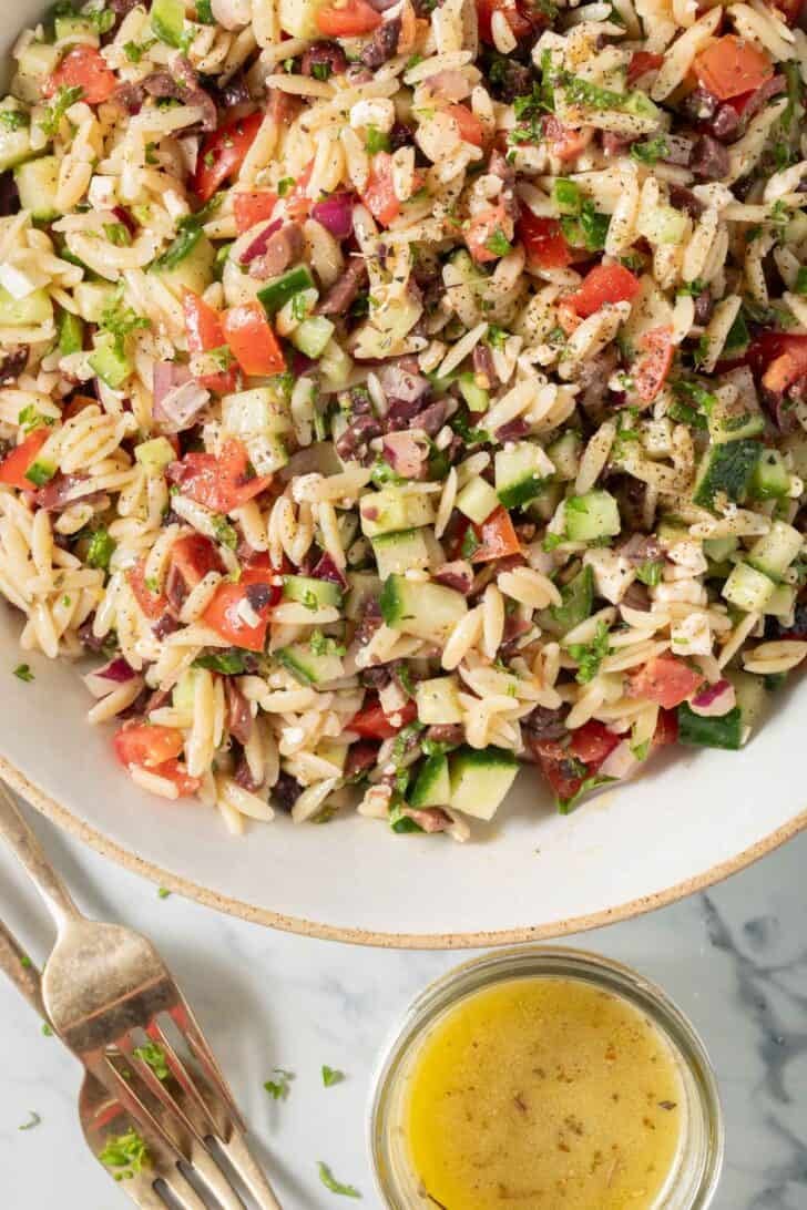 Greek Orzo Salad Greek Orzo Salad in a bowl.