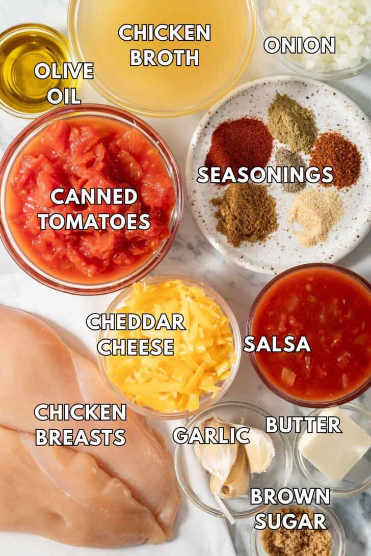 Glass bowls filled with chicken broth, canned tomatoes, cheddar cheese, salsa, onion and garlic.