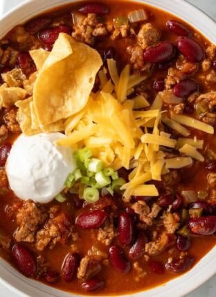Slow Cooker Chili in a white bowl.